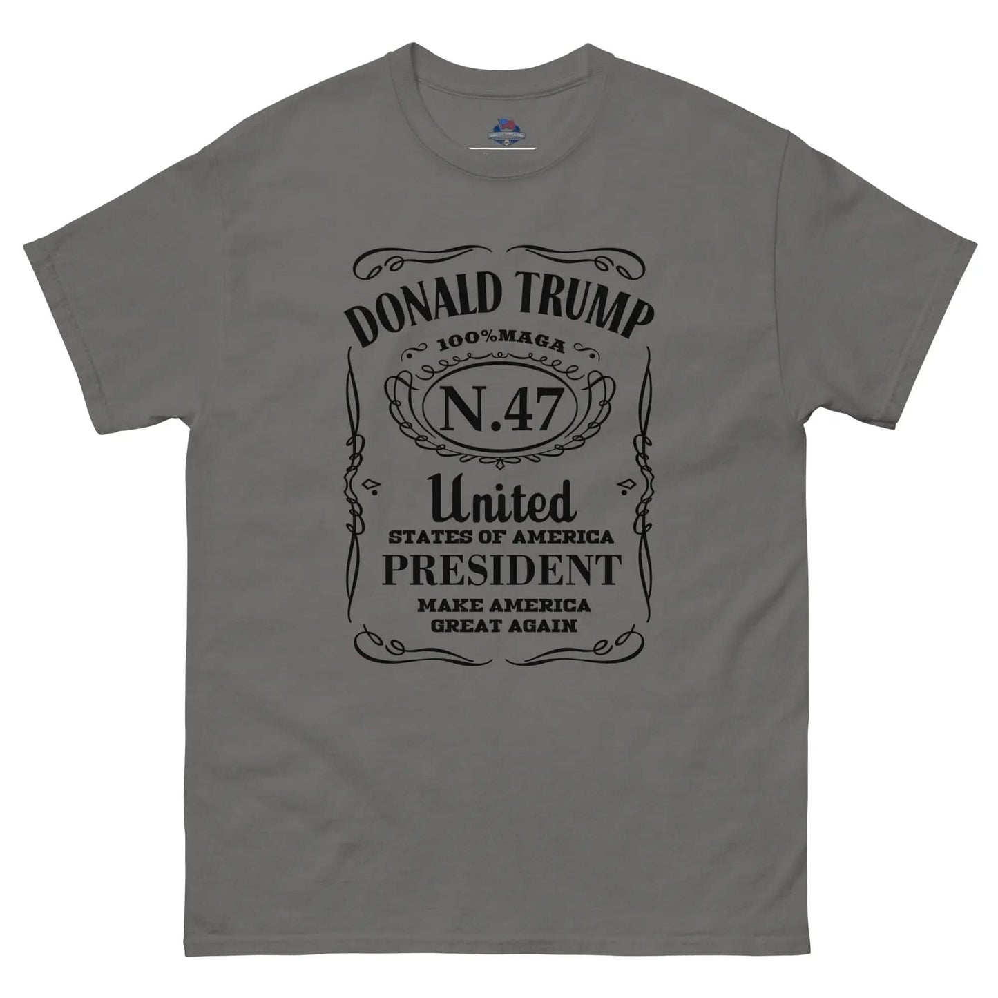 Donald Trump 100% MAGA No. 47 USA President Make America Great Again Whiskey Bottle Men's T-Shirt American Revival Gear