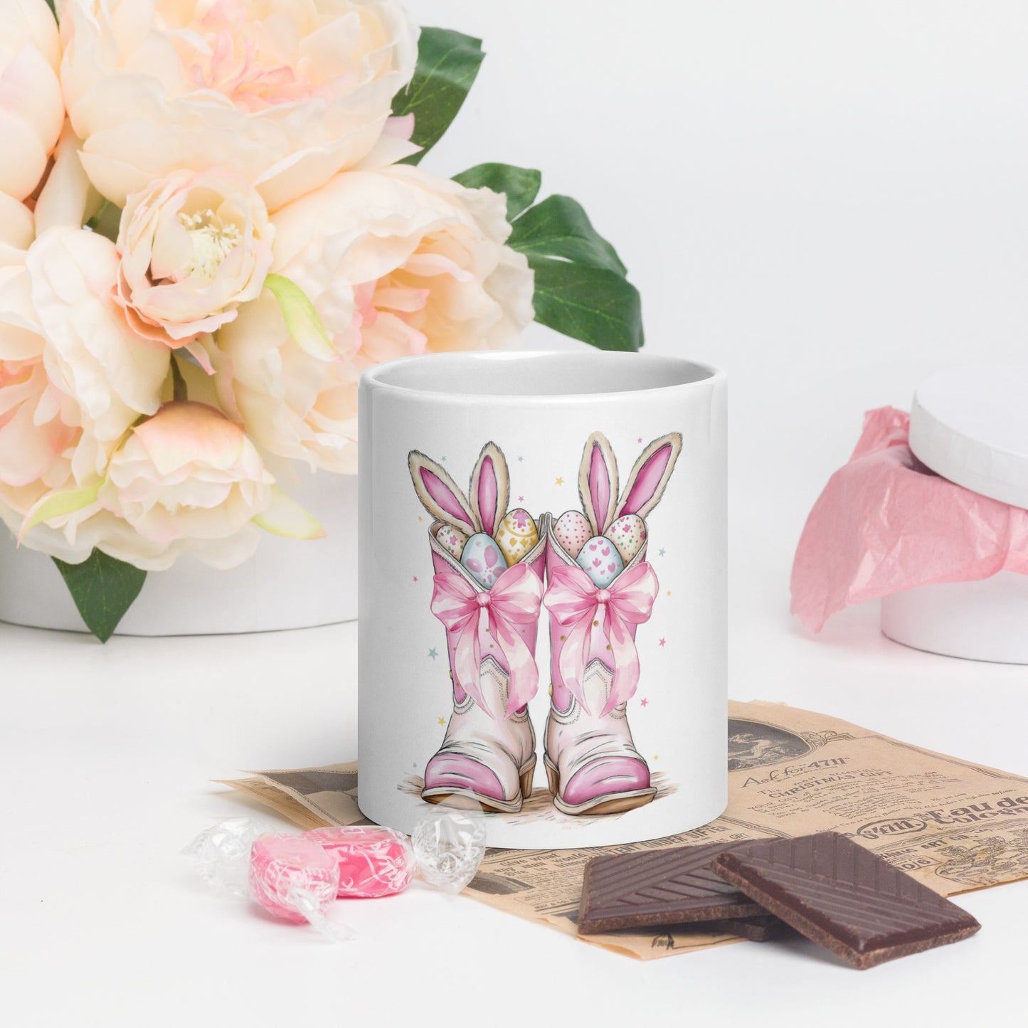 Easter Cowgirl Coffee Mug – Pink Boots, Bunny Ears & Spring Vibes