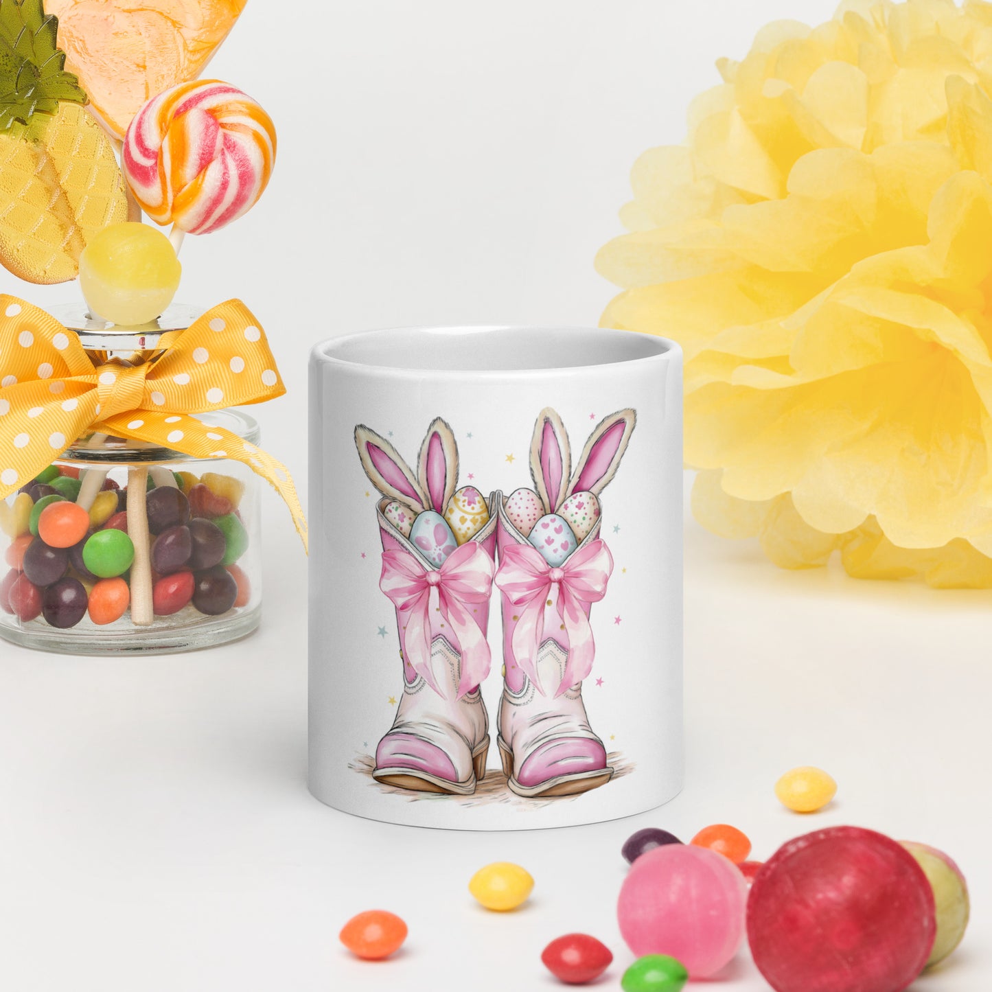 Easter Cowgirl Coffee Mug – Pink Boots, Bunny Ears & Spring Vibes