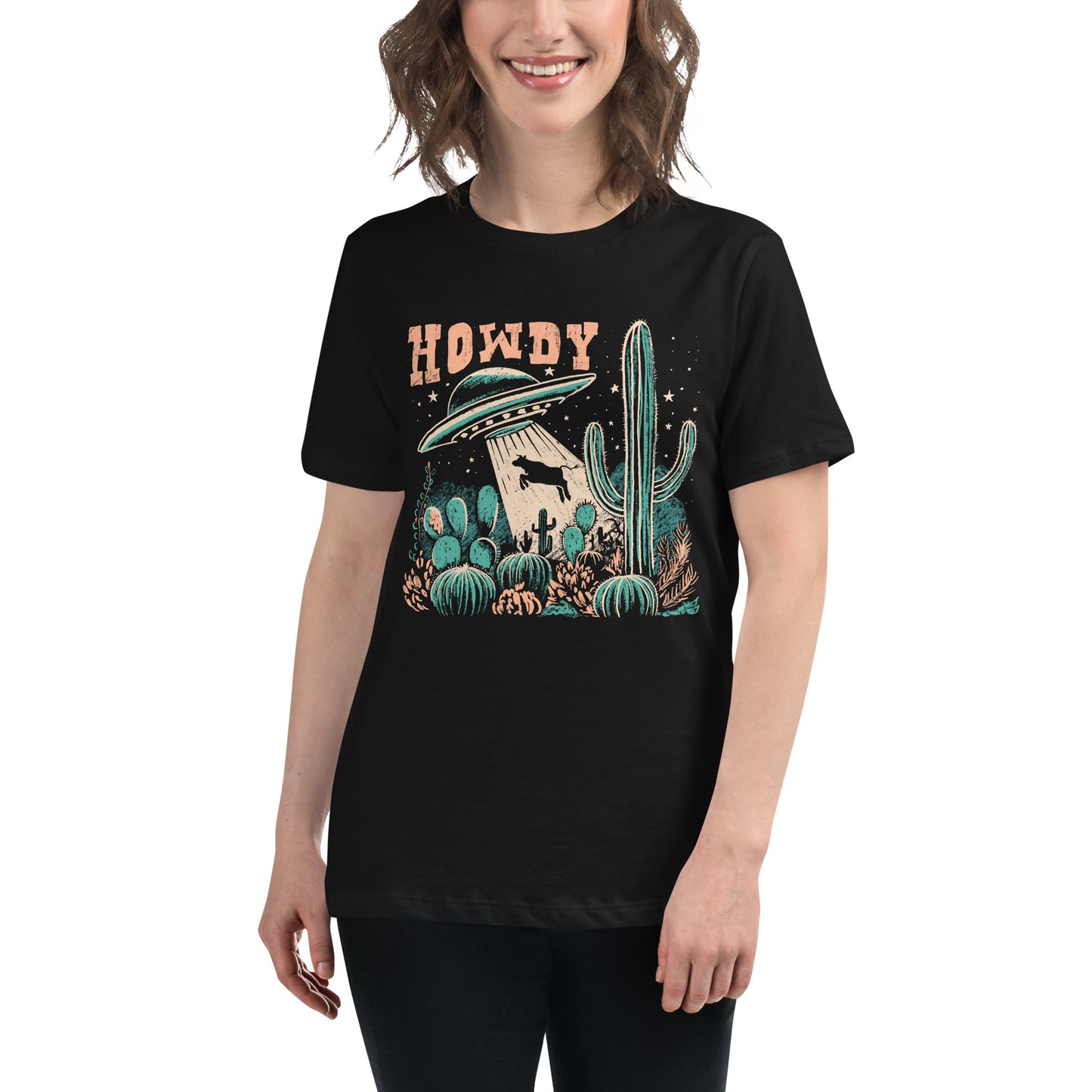 Women's T-Shirt – Howdy Western Desert Cow Graphic Tee - American Revival Gear