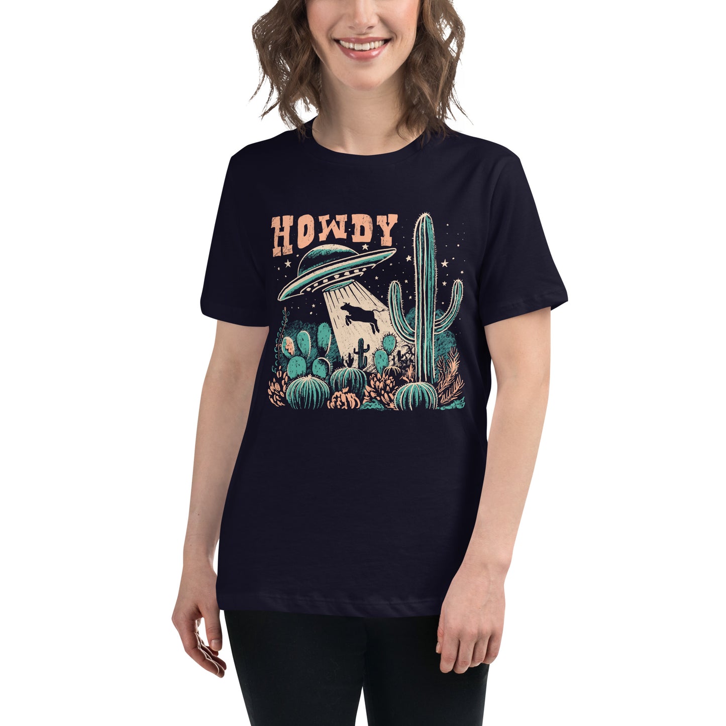 Women's T-Shirt – Howdy Western Desert Cow Graphic Tee - American Revival Gear