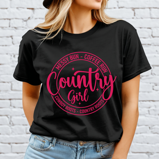 Country Girl Women's T-Shirt – Messy Bun, Coffee Run, Cowboy Boots, Country Roots Tee - American Revival Gear